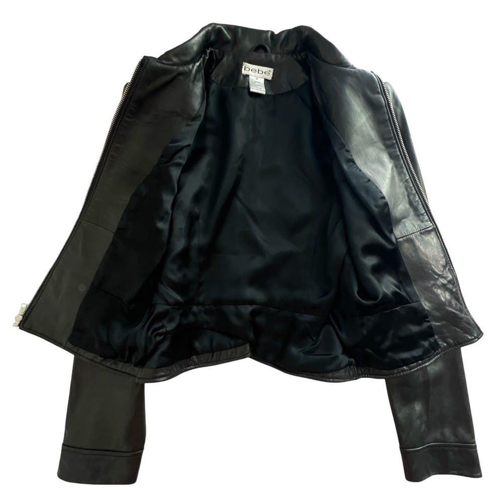 VTG Bebe Y2K Black Leather Moto Jacket Women's Medium Fitted Lined - Picture 2 of 7